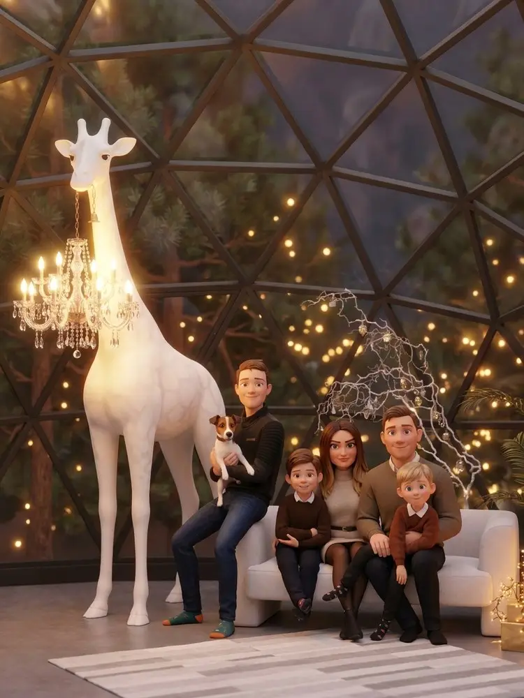 The same family drawn as the Finlo cartoon characters